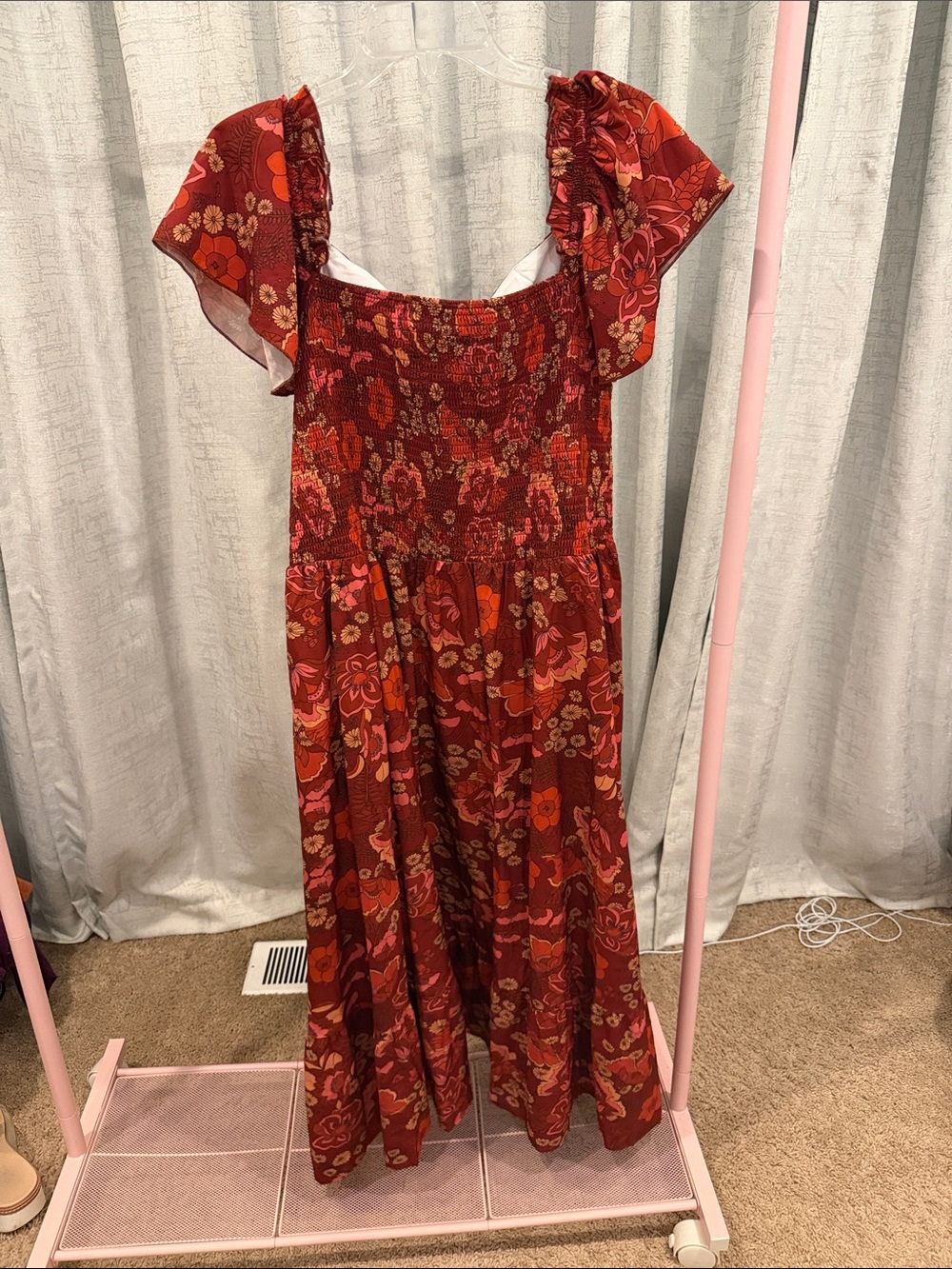 Floral Red Smocked Midi Dress with Flutter Sleeves